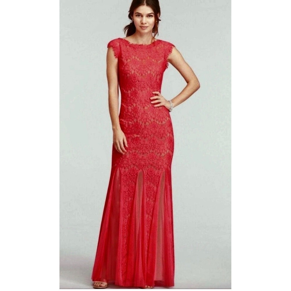 Betsy&Adam Red Lace Mermaid Gown Cap Sleeve Formal Evening Dress Sz 10 Romantic